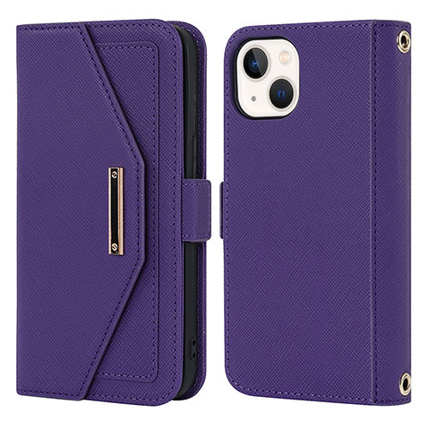 Custodia Portafoglio In Pelle Cover con Supporto D07T per Apple iPhone 15 Plus Viola