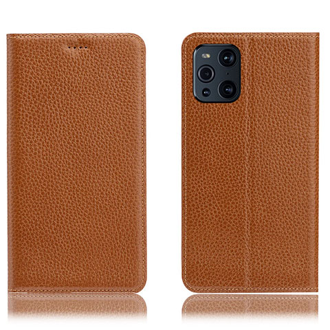 Custodia Portafoglio In Pelle Cover con Supporto H02P per Oppo Find X3 Pro 5G Marrone Chiaro