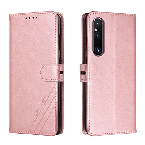 Custodia Portafoglio In Pelle Cover con Supporto H02X per Sony Xperia 1 V Oro Rosa