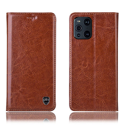 Custodia Portafoglio In Pelle Cover con Supporto H04P per Oppo Find X3 Pro 5G Marrone Chiaro