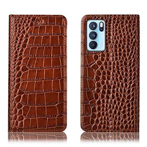 Custodia Portafoglio In Pelle Cover con Supporto H08P per Oppo Reno6 Pro 5G India Marrone Chiaro