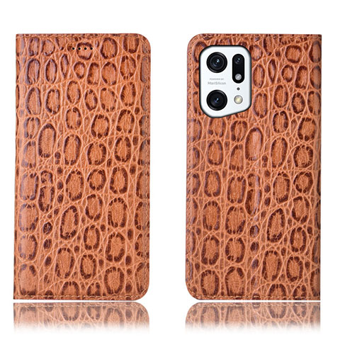 Custodia Portafoglio In Pelle Cover con Supporto H16P per Oppo Find X5 Pro 5G Marrone Chiaro