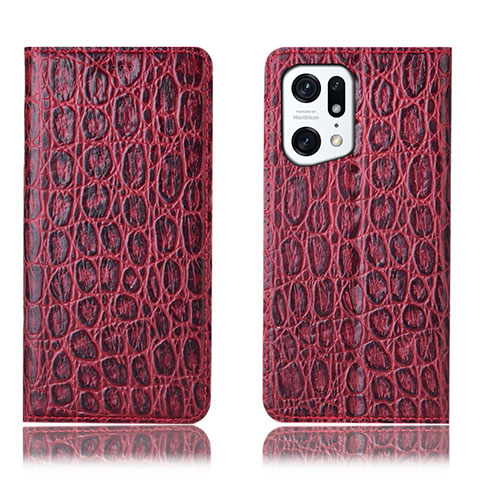 Custodia Portafoglio In Pelle Cover con Supporto H16P per Oppo Find X5 Pro 5G Rosso