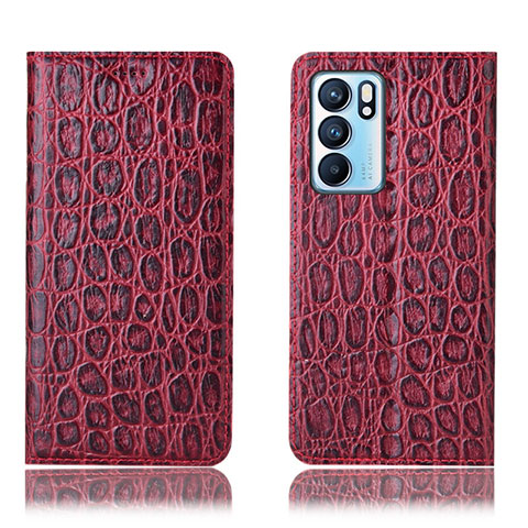 Custodia Portafoglio In Pelle Cover con Supporto H16P per Oppo Reno6 5G Rosso