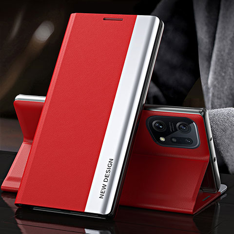 Custodia Portafoglio In Pelle Cover con Supporto L01 per Oppo Find X5 5G Rosso