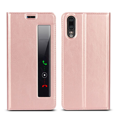 Custodia Portafoglio In Pelle Cover con Supporto L02 per Huawei P20 Rosa