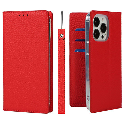 Custodia Portafoglio In Pelle Cover con Supporto L09 per Apple iPhone 14 Pro Rosso