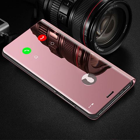 Custodia Portafoglio In Pelle Cover con Supporto Laterale Specchio Cover L02 per Huawei P Smart Pro (2019) Oro Rosa