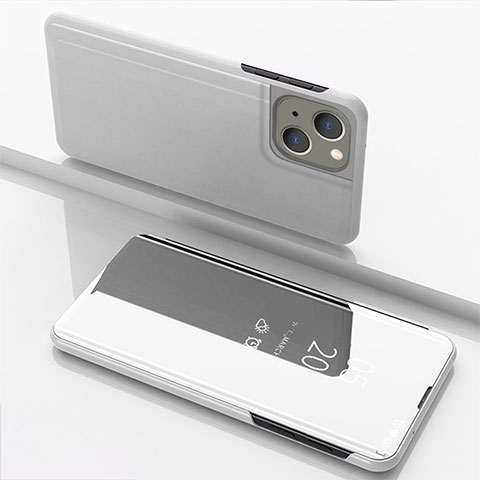 Custodia Portafoglio In Pelle Cover con Supporto Laterale Specchio Cover per Apple iPhone 15 Argento