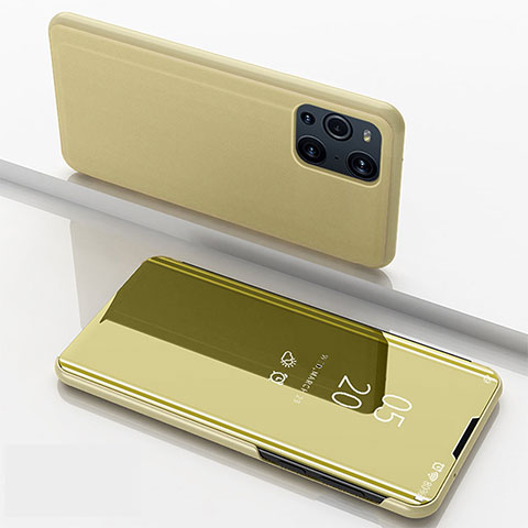 Custodia Portafoglio In Pelle Cover con Supporto Laterale Specchio Cover per Oppo Find X3 5G Oro