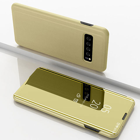 Custodia Portafoglio In Pelle Cover con Supporto Laterale Specchio Cover per Samsung Galaxy S10 5G SM-G977B Oro