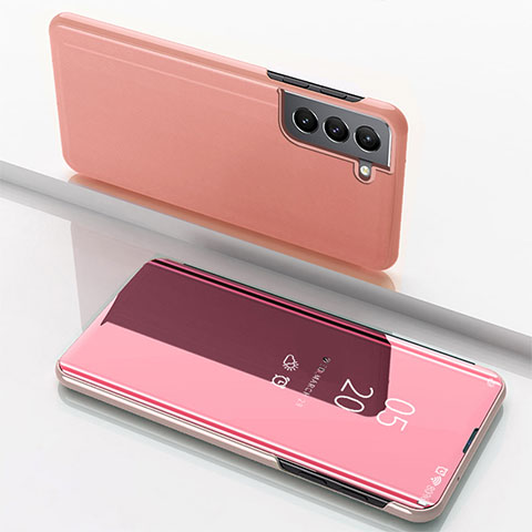 Custodia Portafoglio In Pelle Cover con Supporto Laterale Specchio Cover per Samsung Galaxy S22 Plus 5G Oro Rosa