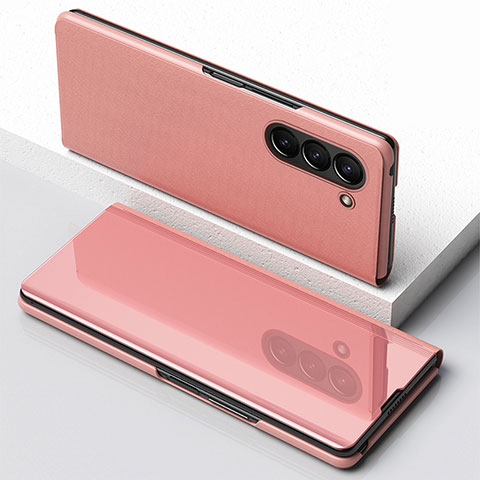 Custodia Portafoglio In Pelle Cover con Supporto Laterale Specchio Cover per Samsung Galaxy Z Fold5 5G Oro Rosa