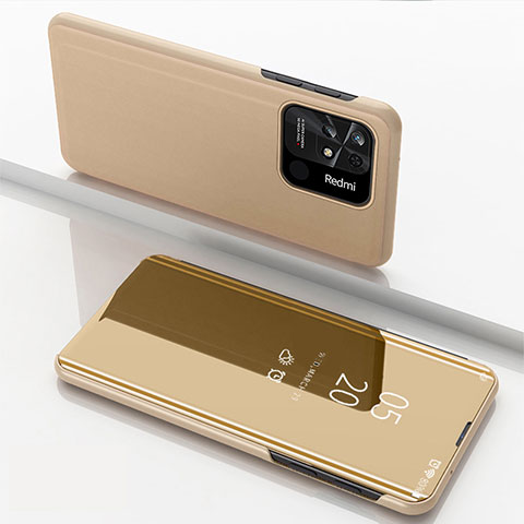 Custodia Portafoglio In Pelle Cover con Supporto Laterale Specchio Cover per Xiaomi Redmi 10 India Oro