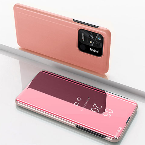 Custodia Portafoglio In Pelle Cover con Supporto Laterale Specchio Cover per Xiaomi Redmi 10C 4G Oro Rosa