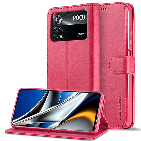 Custodia Portafoglio In Pelle Cover con Supporto LC2 per Xiaomi Poco M4 Pro 4G Rosa Caldo