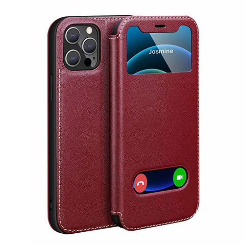 Custodia Portafoglio In Pelle Cover con Supporto N01 per Apple iPhone 12 Pro Rosso