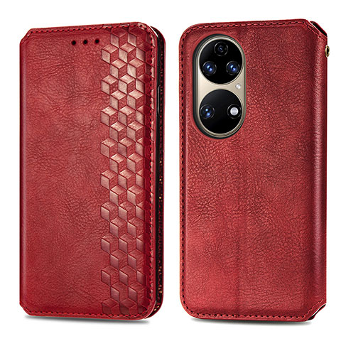 Custodia Portafoglio In Pelle Cover con Supporto S01D per Huawei P50e Rosso