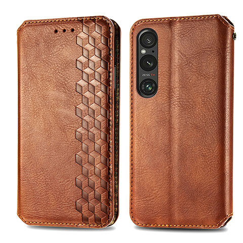 Custodia Portafoglio In Pelle Cover con Supporto S01D per Sony Xperia 1 V Marrone