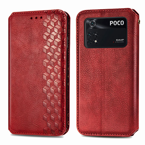 Custodia Portafoglio In Pelle Cover con Supporto S01D per Xiaomi Poco M4 Pro 4G Rosso