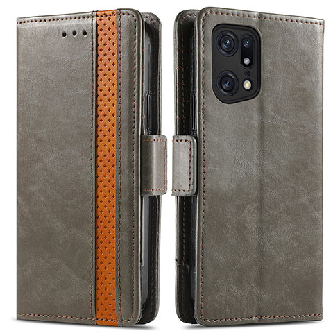 Custodia Portafoglio In Pelle Cover con Supporto S02D per Oppo Find X5 Pro 5G Grigio