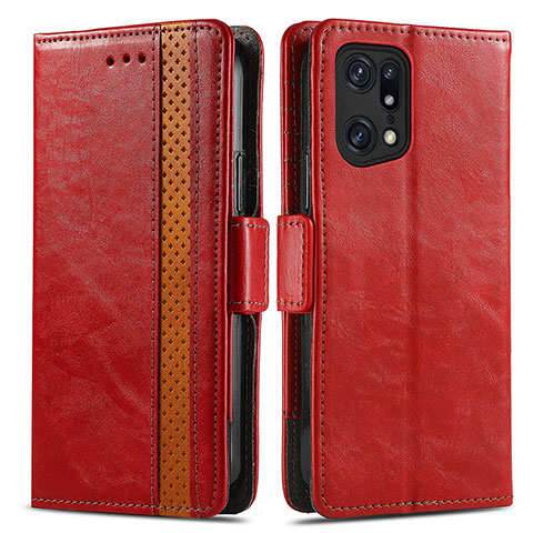 Custodia Portafoglio In Pelle Cover con Supporto S02D per Oppo Find X5 Pro 5G Rosso