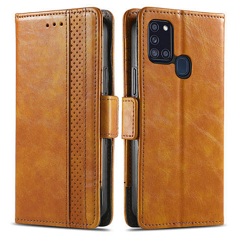 Custodia Portafoglio In Pelle Cover con Supporto S02D per Samsung Galaxy A21s Marrone Chiaro