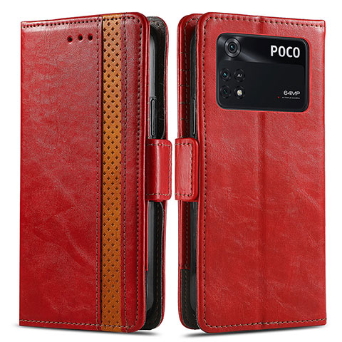 Custodia Portafoglio In Pelle Cover con Supporto S02D per Xiaomi Poco M4 Pro 4G Rosso