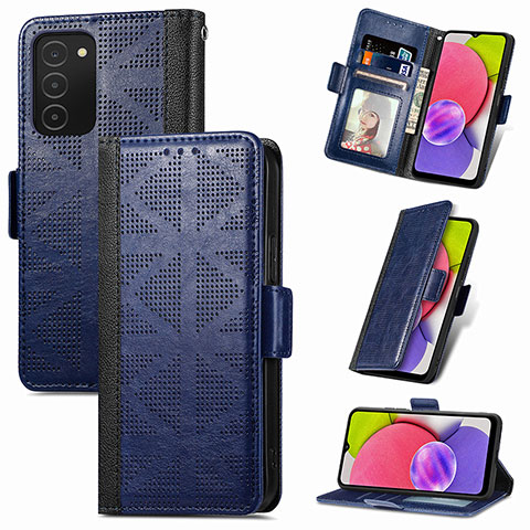 Custodia Portafoglio In Pelle Cover con Supporto S03D per Samsung Galaxy A03s Blu