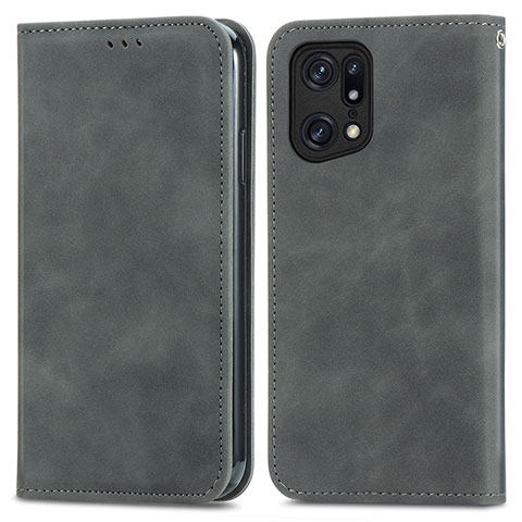 Custodia Portafoglio In Pelle Cover con Supporto S04D per Oppo Find X5 Pro 5G Grigio