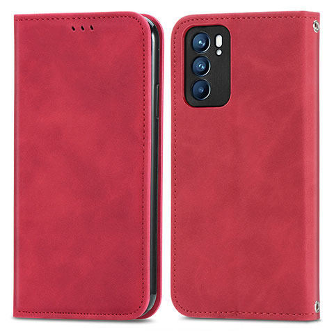 Custodia Portafoglio In Pelle Cover con Supporto S04D per Oppo Reno6 5G Rosso