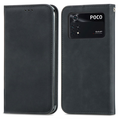 Custodia Portafoglio In Pelle Cover con Supporto S04D per Xiaomi Poco M4 Pro 4G Nero