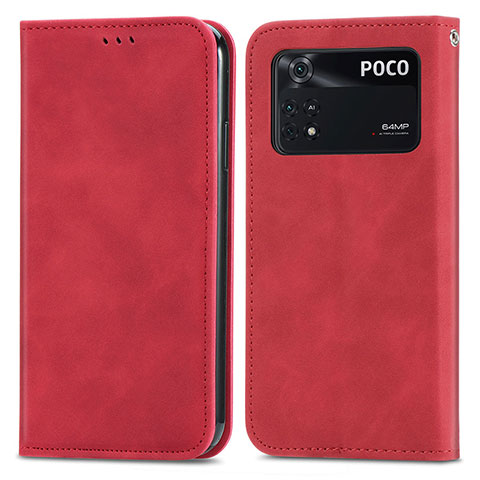 Custodia Portafoglio In Pelle Cover con Supporto S04D per Xiaomi Poco M4 Pro 4G Rosso