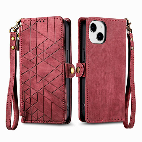 Custodia Portafoglio In Pelle Cover con Supporto S05D per Apple iPhone 15 Plus Rosso