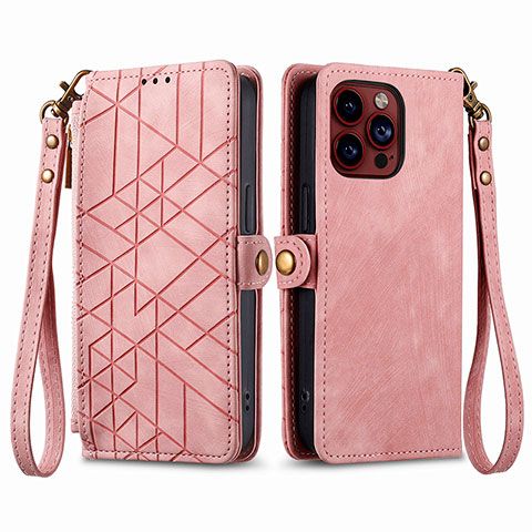 Custodia Portafoglio In Pelle Cover con Supporto S05D per Apple iPhone 15 Pro Oro Rosa