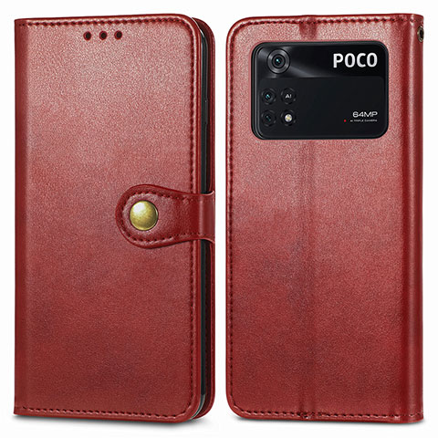 Custodia Portafoglio In Pelle Cover con Supporto S05D per Xiaomi Poco M4 Pro 4G Rosso