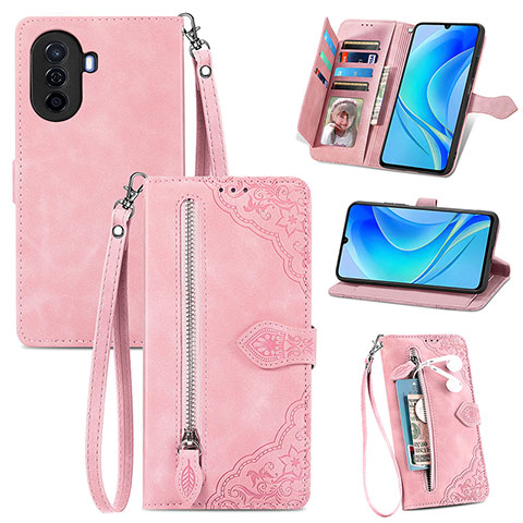 Custodia Portafoglio In Pelle Cover con Supporto S06D per Huawei Enjoy 50 Rosa