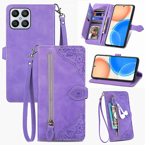 Custodia Portafoglio In Pelle Cover con Supporto S06D per Huawei Honor X8 4G Viola