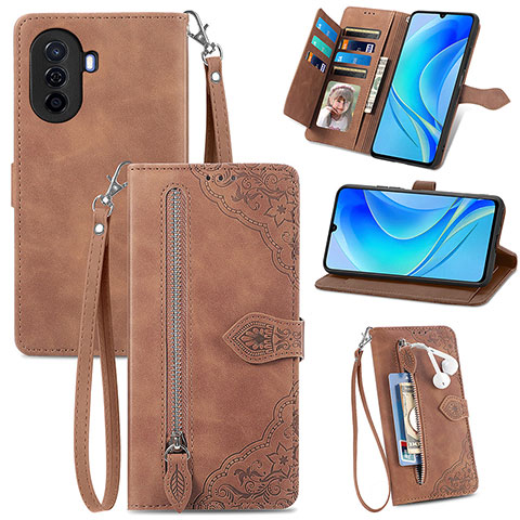 Custodia Portafoglio In Pelle Cover con Supporto S06D per Huawei Nova Y70 Plus Marrone