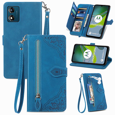 Custodia Portafoglio In Pelle Cover con Supporto S06D per Motorola Moto E13 Blu