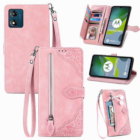 Custodia Portafoglio In Pelle Cover con Supporto S06D per Motorola Moto E13 Rosa