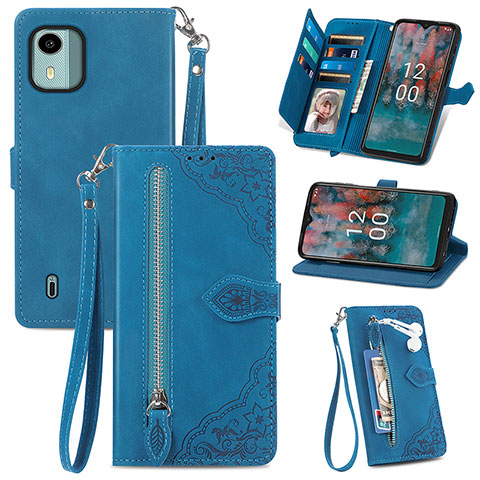 Custodia Portafoglio In Pelle Cover con Supporto S06D per Nokia C12 Blu