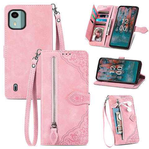 Custodia Portafoglio In Pelle Cover con Supporto S06D per Nokia C12 Pro Rosa