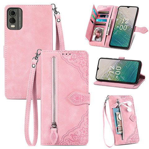 Custodia Portafoglio In Pelle Cover con Supporto S06D per Nokia C210 Rosa