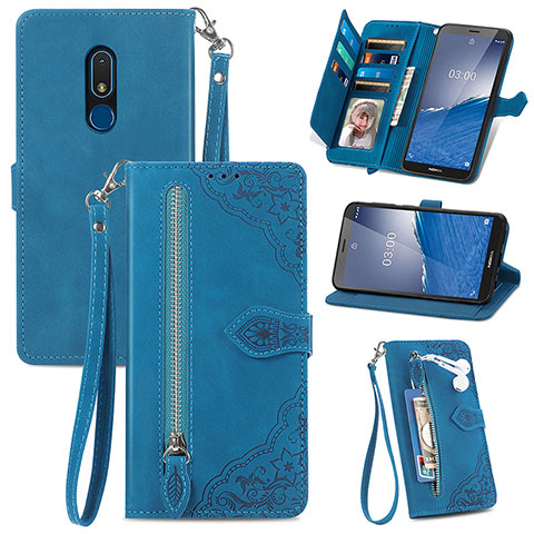 Custodia Portafoglio In Pelle Cover con Supporto S06D per Nokia C3 Blu