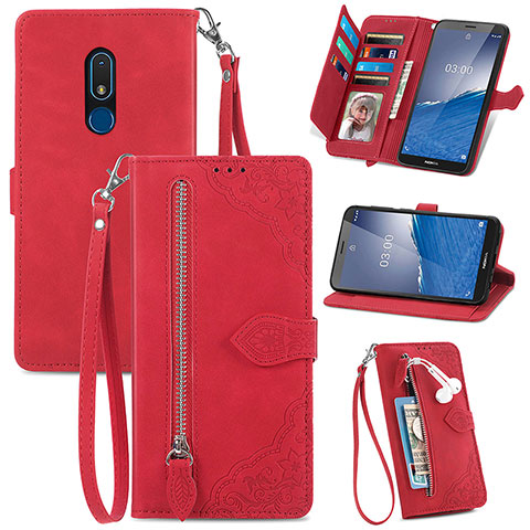 Custodia Portafoglio In Pelle Cover con Supporto S06D per Nokia C3 Rosso