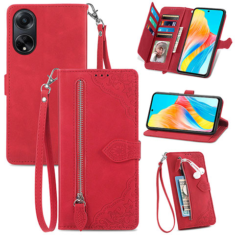 Custodia Portafoglio In Pelle Cover con Supporto S06D per Oppo A98 5G Rosso