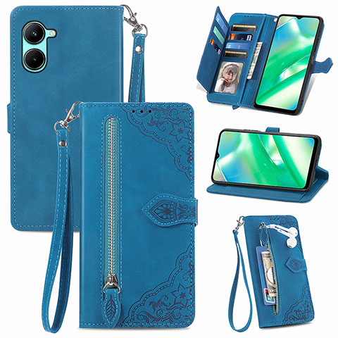 Custodia Portafoglio In Pelle Cover con Supporto S06D per Realme C33 (2023) Blu