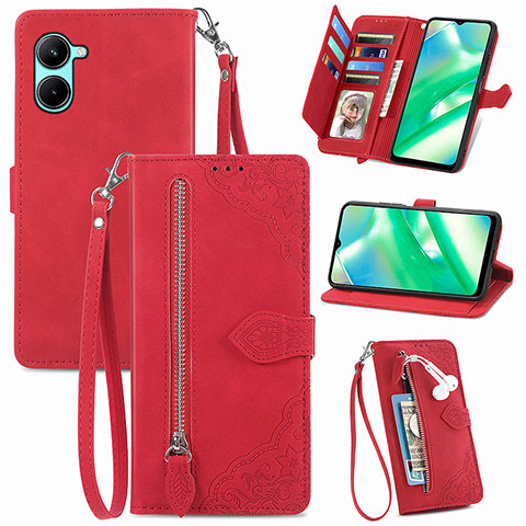 Custodia Portafoglio In Pelle Cover con Supporto S06D per Realme C33 (2023) Rosso