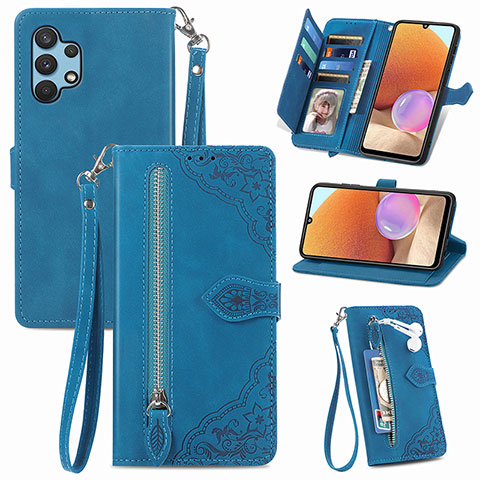 Custodia Portafoglio In Pelle Cover con Supporto S06D per Samsung Galaxy A32 4G Blu